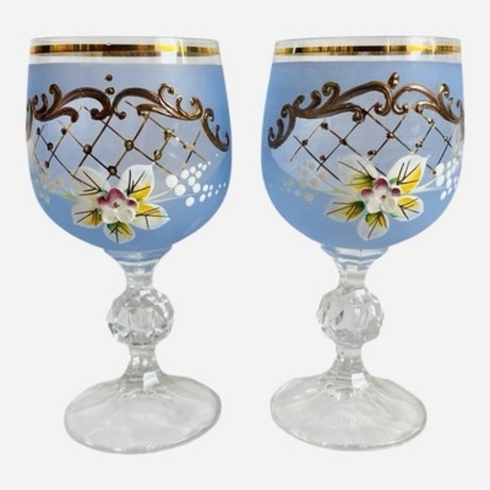 Vintage Bohemian Crystal Enameled Light Blue Wine Goblets Hand-Painted Floral VG - Picture 4 of 6